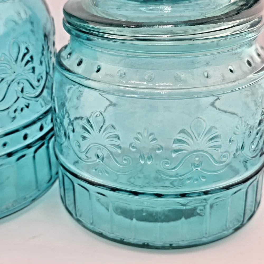 The Pioneer Woman Canister Set Unisex OS Teal Glass Embossed Floral 2 Piece Set